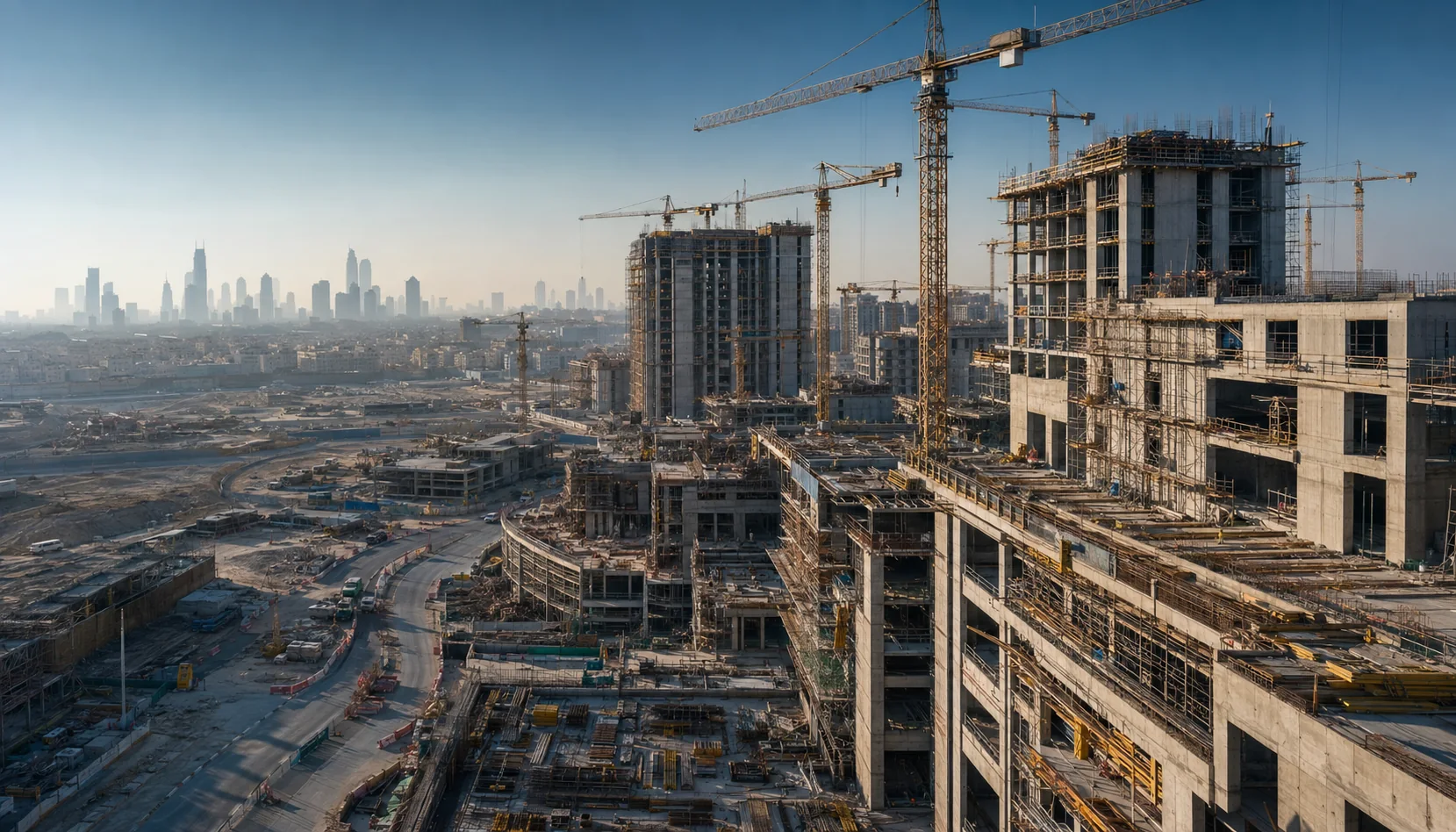 An original illustration of a major construction district, with concrete towers, cranes and interconnected work areas.