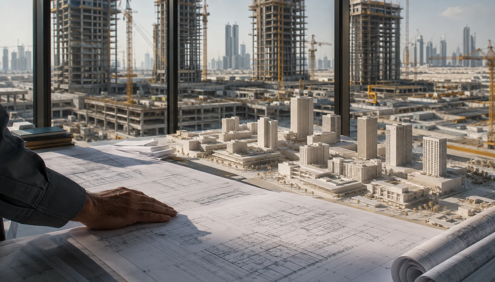 An engineer reviews drawings beside a physical district model overlooking a major construction site.